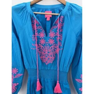 Lilly Pulitzer‎ Analynn Turquoise Oasis Dress Pink Embroidered XS Tassels Lined